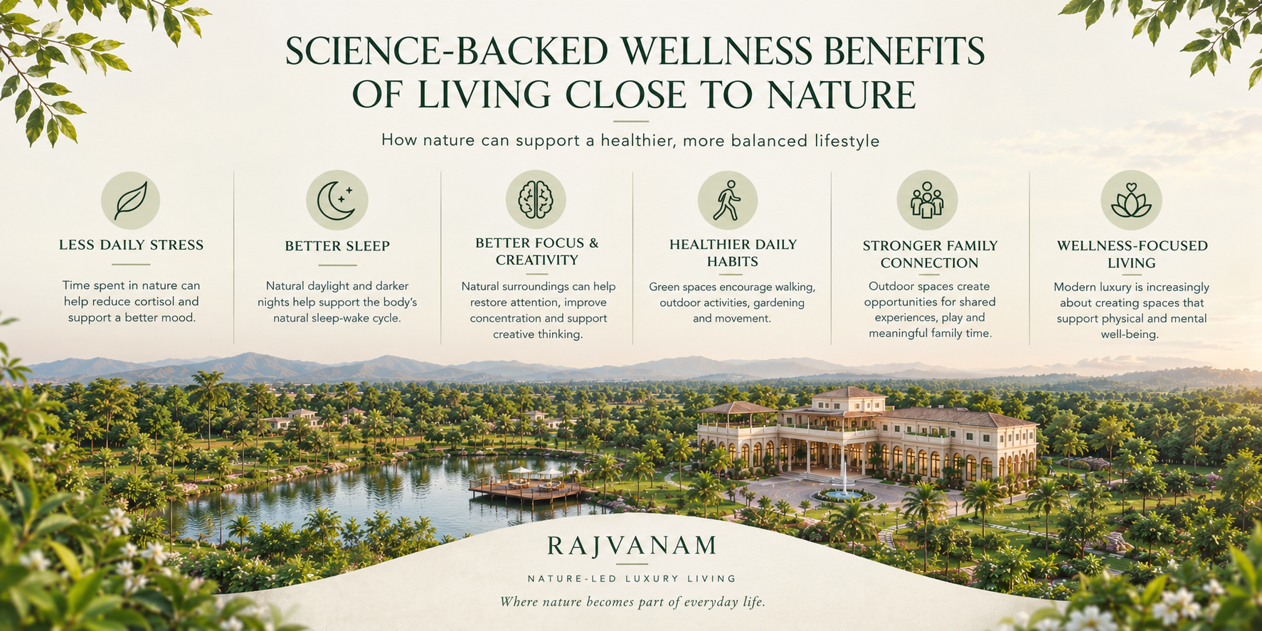 Science-backed wellness benefits of living close to nature, highlighting reduced daily stress, better sleep, improved focus and creativity, healthier daily habits, stronger family connection, and wellness-focused living, with a lush Rajvanam nature landscape featuring greenery, gardens, a lake, and luxury estate.