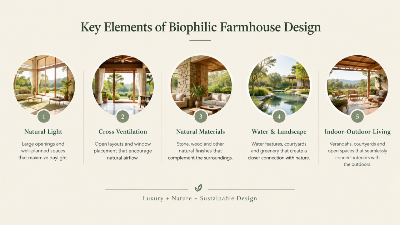 Key elements of biophilic farmhouse design, including natural light, cross ventilation, natural materials, water and landscaping, and indoor-outdoor living.