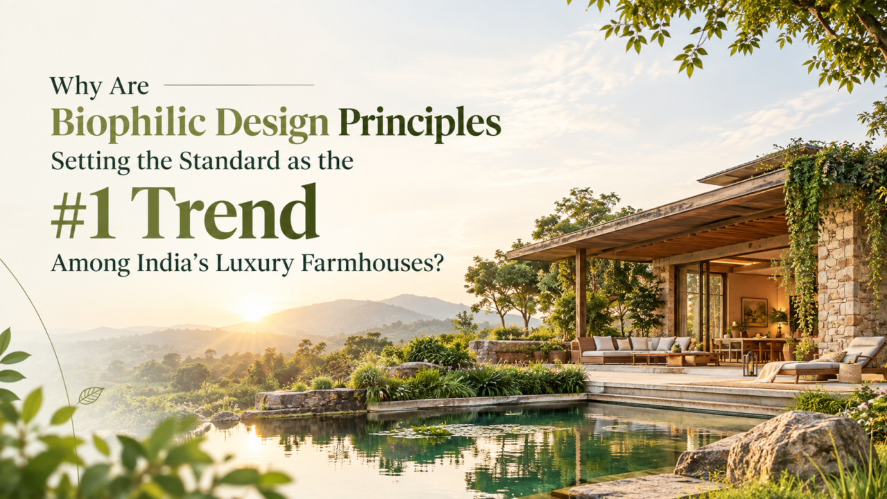 Luxury biophilic farmhouse surrounded by lush greenery, natural stone, water features, and mountain views, illustrating biophilic design principles in India.