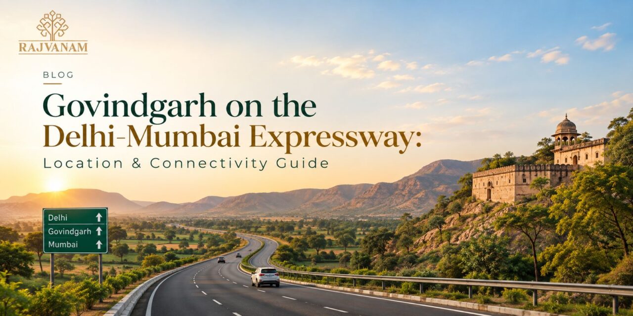 Govindgarh on the Delhi-Mumbai Expressway: Location & Connectivity Guide, featuring a scenic expressway through green countryside at sunset with a deep plum and gold editorial design.