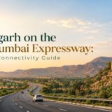 Govindgarh on the Delhi-Mumbai Expressway: Location & Connectivity Guide, featuring a scenic expressway through green countryside at sunset with a deep plum and gold editorial design.