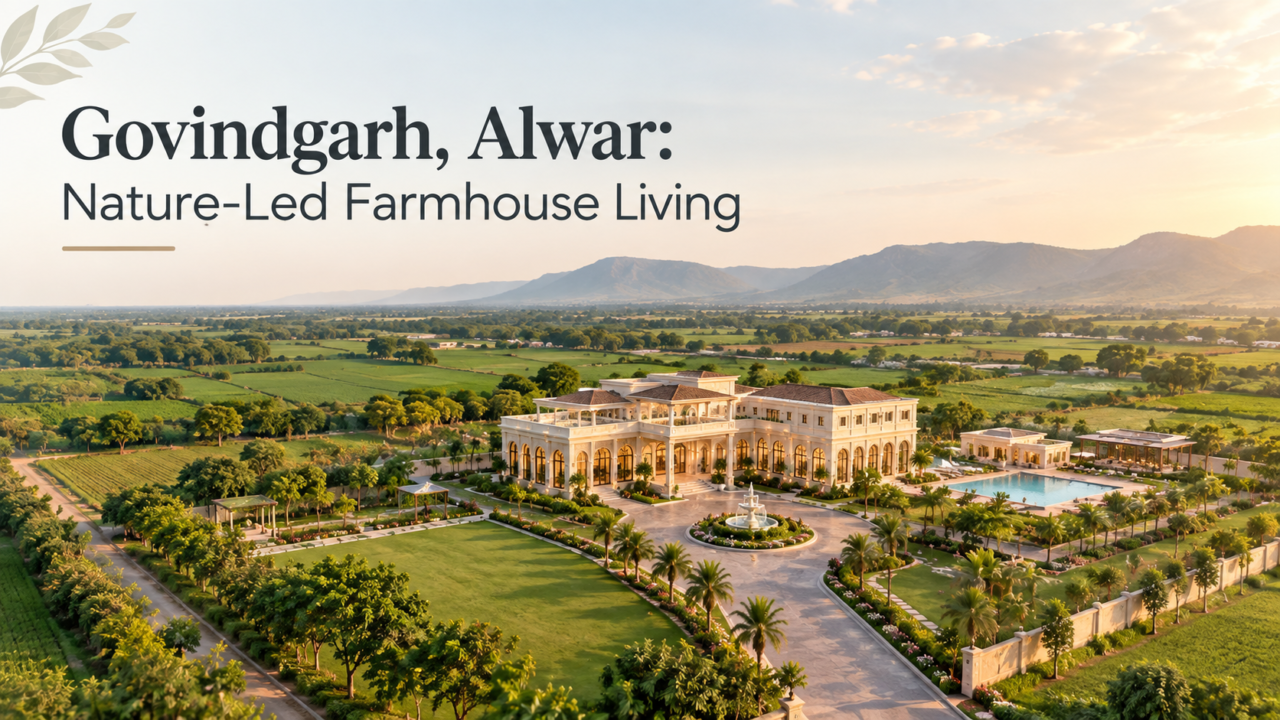 Rajvanam managed farmhouse community in Govindgarh Alwar surrounded by green agricultural landscape