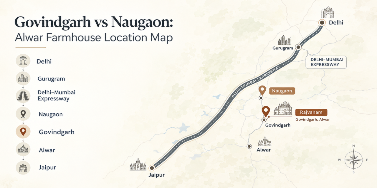 Govindgarh vs Naugaon farmhouse locations in Alwar on Delhi Mumbai Expressway