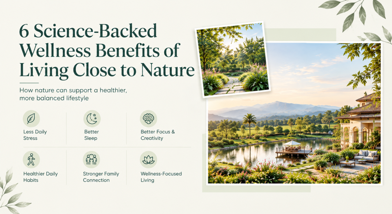 6 science-backed wellness benefits of living close to nature, highlighting less daily stress, better sleep, better focus and creativity, healthier daily habits, stronger family connection, and wellness-focused living, with a lush nature landscape, lake, gardens, and luxury estate.