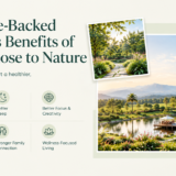 6 science-backed wellness benefits of living close to nature, highlighting less daily stress, better sleep, better focus and creativity, healthier daily habits, stronger family connection, and wellness-focused living, with a lush nature landscape, lake, gardens, and luxury estate.