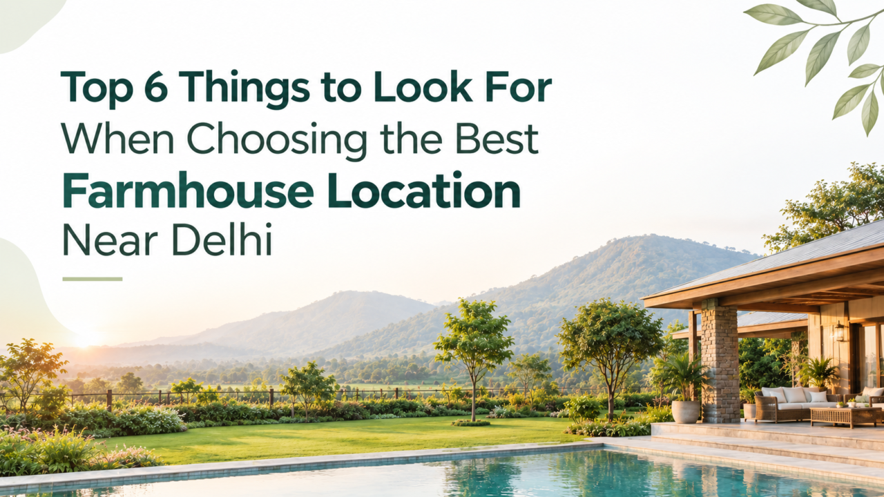 Luxury farmhouse location near Delhi with landscaped greenery, a modern farmhouse, pool, and natural surroundings.