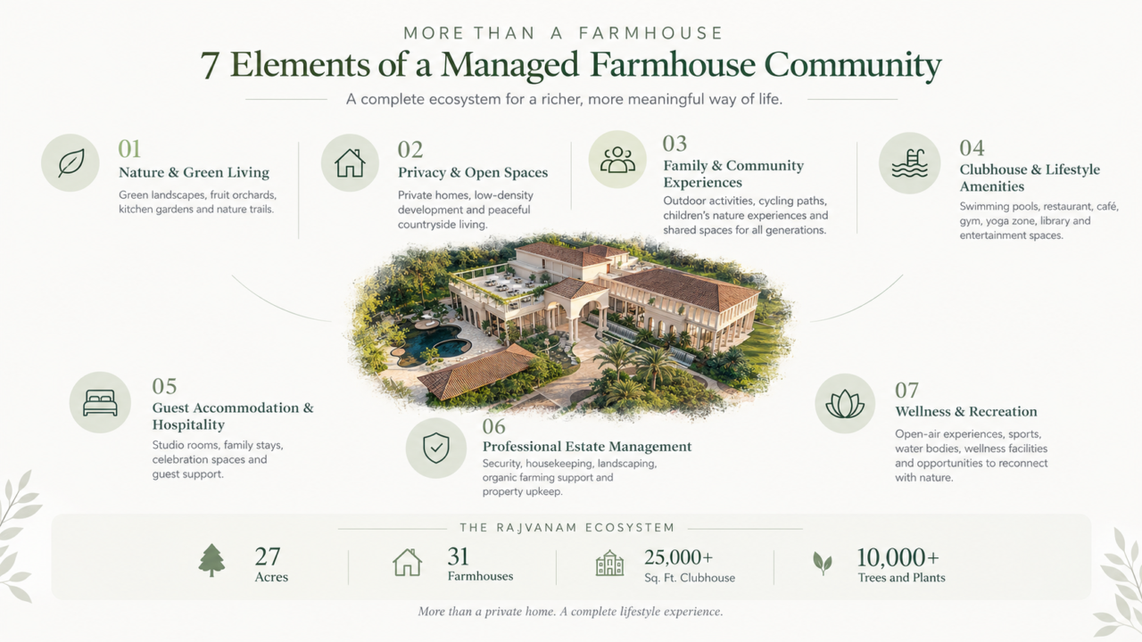 7 elements of a managed farmhouse community at Rajvanam, featuring nature and green living, private homes, family experiences, clubhouse amenities, guest accommodation, estate management, and wellness facilities.